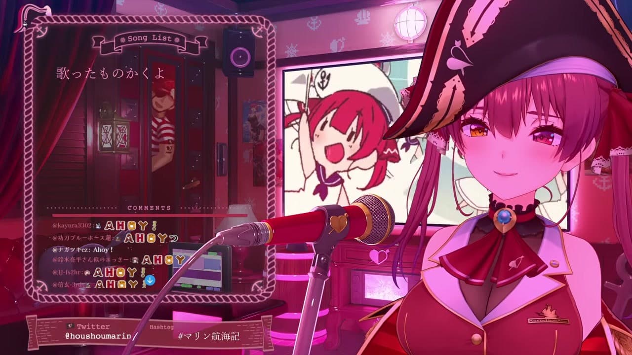 [Karaoke] Marine the 'Karaoke Auntie' Fixes Frozen Chat by Hitting It and Sings Dunbine